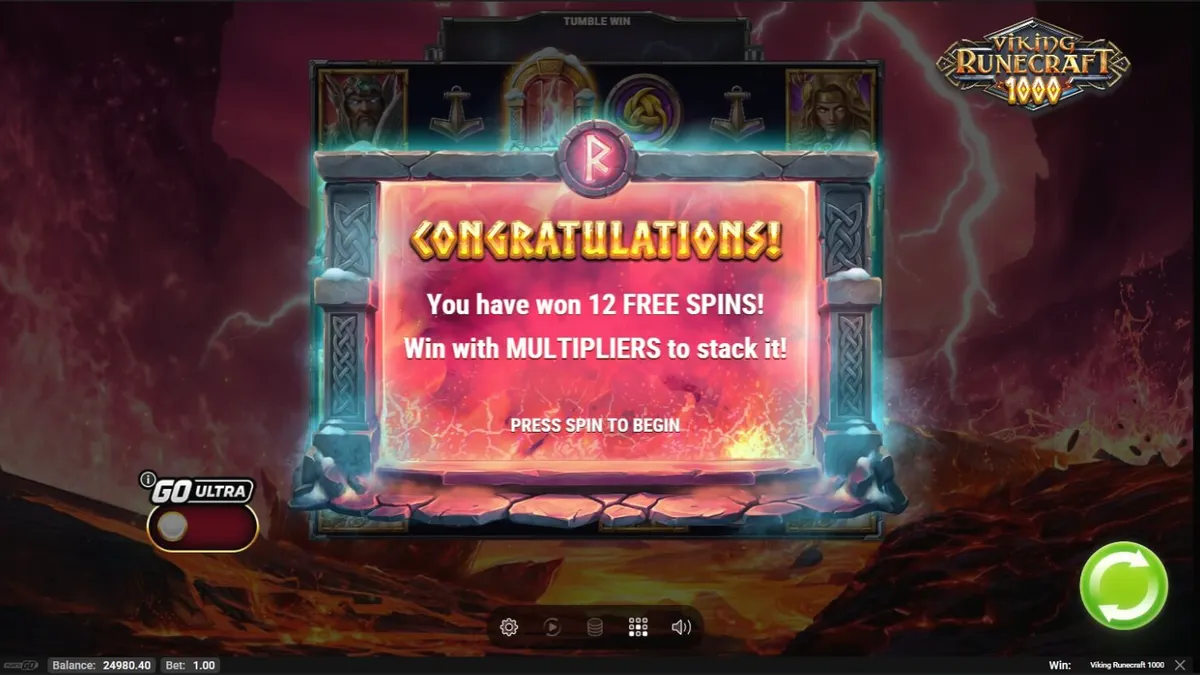 Interface do jogo Viking Runecraft 1000 com símbolos nórdicos e grade de jogo